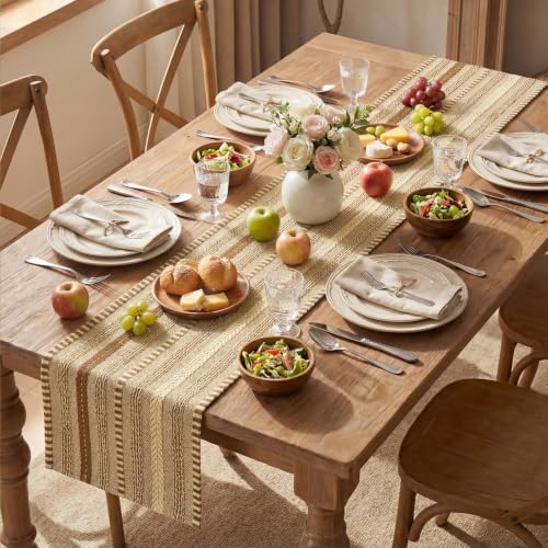 Artoid Mode Coffee Farmhouse Stripe Braided Table Runner 12x72 Inch - Light Coffee