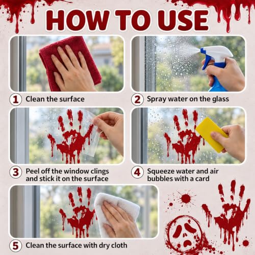 Halloween Window Clings Set - Bloody Handprint & Footprint Stickers, 9 Sheets, A-9PCS