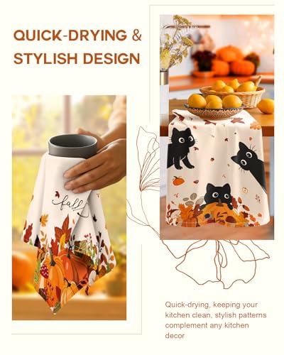 Miss Adola Fall Kitchen Towels Set of 2 - Pumpkin Cats Design