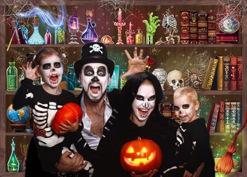 Halloween Magic Potion Shelf Backdrop 8x6FT Spooky Witch Skull Photo Booth Decor
