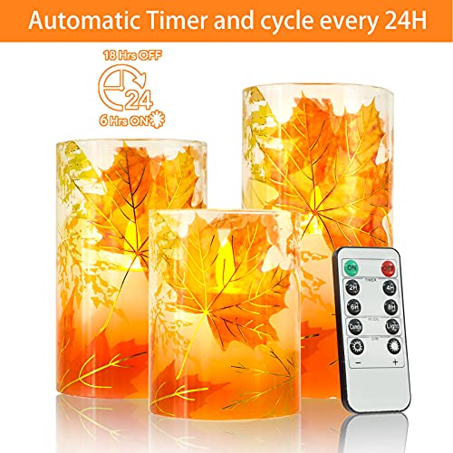 Fall Flameless Candles with Maple Leaves - LED Flickering Candles for Autumn & Thanksgiving