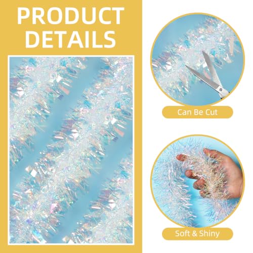 Iridescent White Tinsel Garland - 100 ft Metallic Christmas Decorations