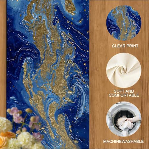 Set of 6 Blue Marble Table Runner & Placemats - Gold Accents, Elegant Home Dining Decor - 1 Runner 72x13 Inches + 6 Placemats 17.7x11.8 Inches (Variation 135)