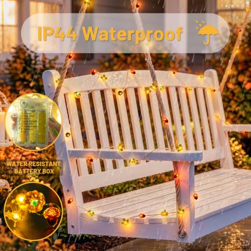 Orange Pumpkin with Maple & Acorn Halloween Lights - 40 LED Battery-Operated with Timer & Remote