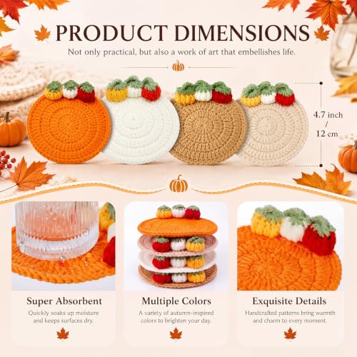Fall Crochet Coasters Set - 3D Pumpkin Design, Orange, Brown, Beige, Terracotta - 4 Pieces