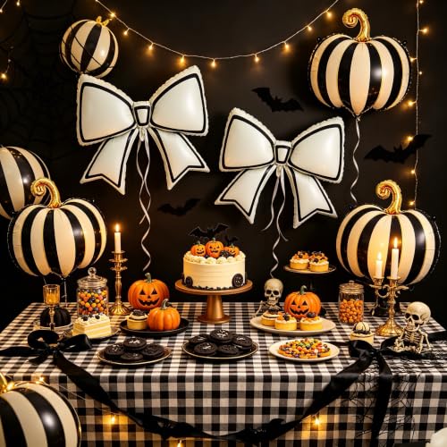 Black White Halloween Foil Balloon Set with Matte Bow & Striped Pumpkins