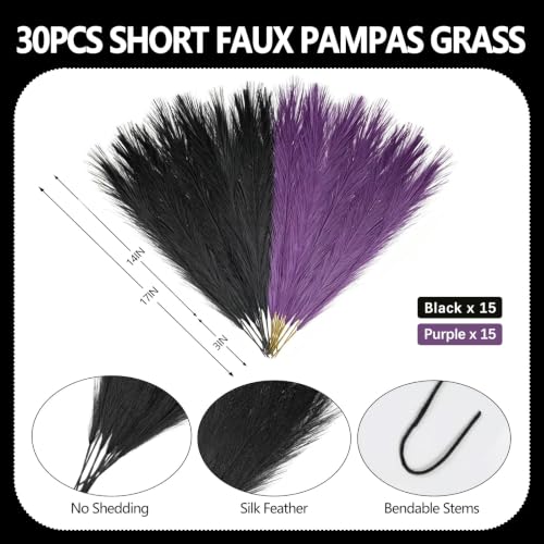 Artificial Pampas Grass Bundle - Black and Purple, 17 Inches, 30 Pieces for Home Decor & Halloween