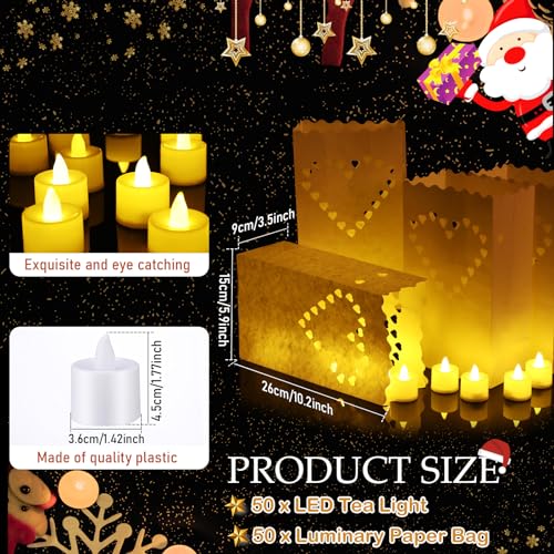 Luminary Bags with Flameless Candles Set - Heart Pattern, 50 Pieces for Outdoor & Indoor Decor
