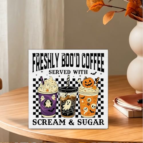 Halloween Ghost Wooden Sign - Spooky Coffee Decor for Home & Cafe 5x5 Inches