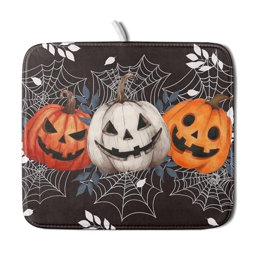 Halloween Spooky Pumpkin Dish Drying Mat - 16x18 Inch Reversible Microfiber Kitchen Countertop Protector