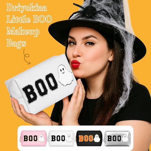 White Halloween Makeup Bag - Cosmetic Travel Pouch with Chenille Letter Design