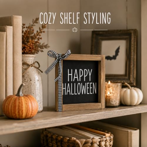 Happy Halloween Sign Indoor Home Decor - White - Rustic Wooden Wall & Shelf Accent