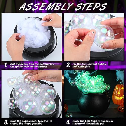 Halloween Bubbling Cauldron Set with 40 Ball Ornaments, Lights, Webs & Spiders - Warm White & Green