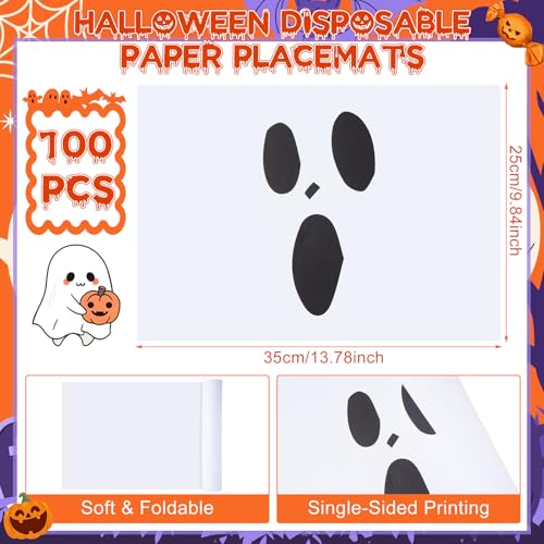 Halloween Ghost Paper Placemats - White Boo Party Table Decor, 100 Pack