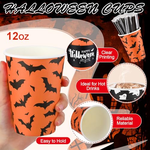 Halloween Disposable Coffee Cups Set - 12 oz with Lids, Sleeves & Straws - 100 Pack