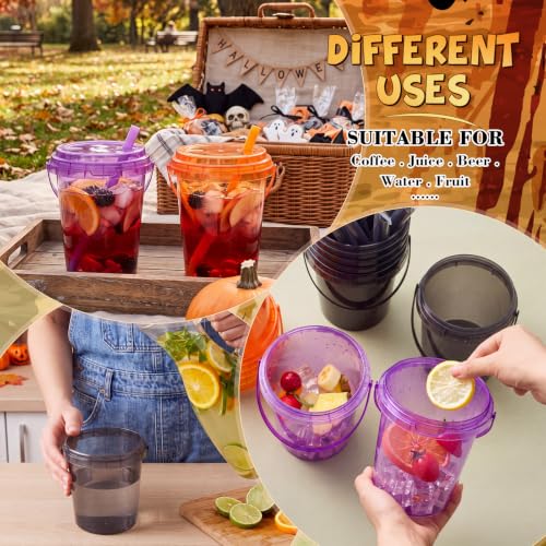 Halloween 15-Piece 32oz Drink Buckets Set with Lids Straws Handles - Spooky Bulk Party Supplies