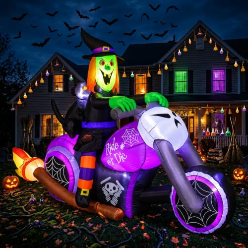 7FT Halloween Inflatable Witch on Motorcycle with Black Cat - Outdoor Yard Decor - Biker Witch Variation