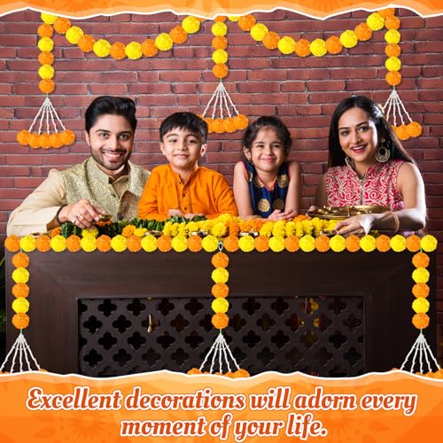 Artificial Marigold Garland for Diwali & Wedding Decor - Orange Yellow 3 Pack, 4.92 Feet Long