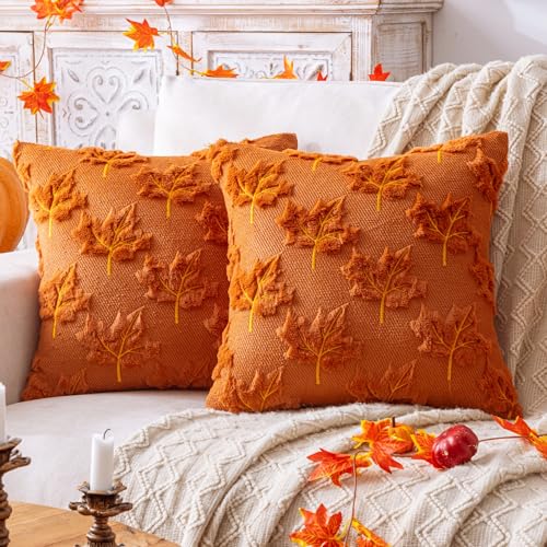 Rust Fall Maple Leaf Throw Pillow Covers Set of 2 20x20 Inches - Autumn Decor