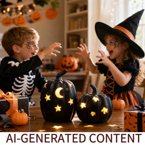 Moon Stars Black Resin Light-Up Pumpkin Figurine - Halloween Decor, 5.3"