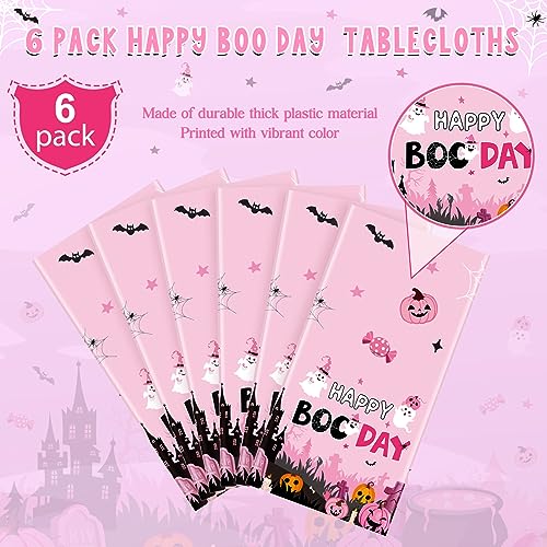108x54 Inch 6 Pack Halloween Happy Boo Day Baby Shower Tablecloths - Pink Black Orange Ghost Pumpkins