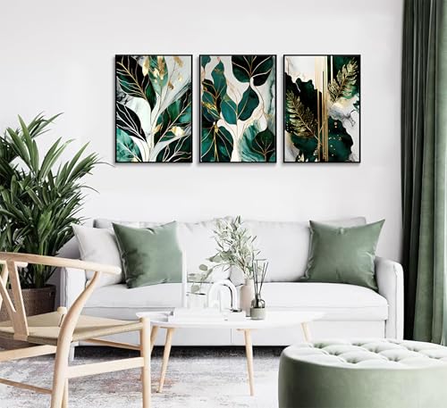 Green and Gold Abstract Wall Art Set - 16x24 Inch Emerald Canvas Prints for Living Room & Bedroom - Unframed