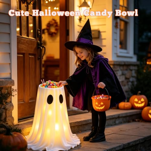 Halloween Ghost Candy Bowl with LED Lights & Remote - Outdoor Lighted Ghost Decor, 8 Modes, Timer, A-Ghost Variation