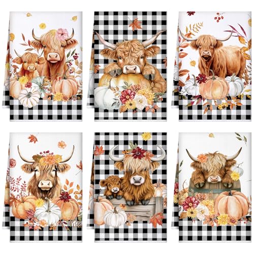 Preboun Highland Cow Kitchen Towels Set - Fall Plaid Dish Towels, Black / Grid, 6 pcs