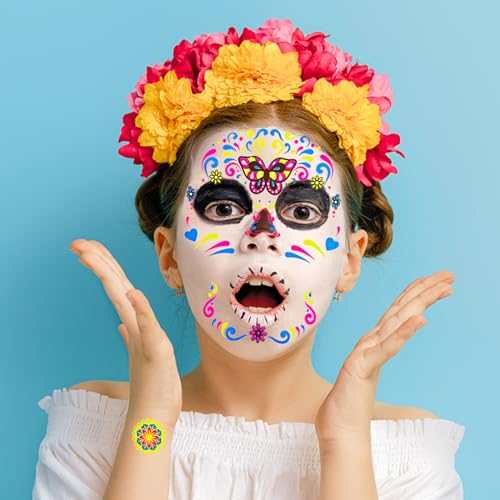 Glow UV Skeleton Temporary Tattoos - Day of The Dead Sugar Skull Face Stickers, 9 Sheets