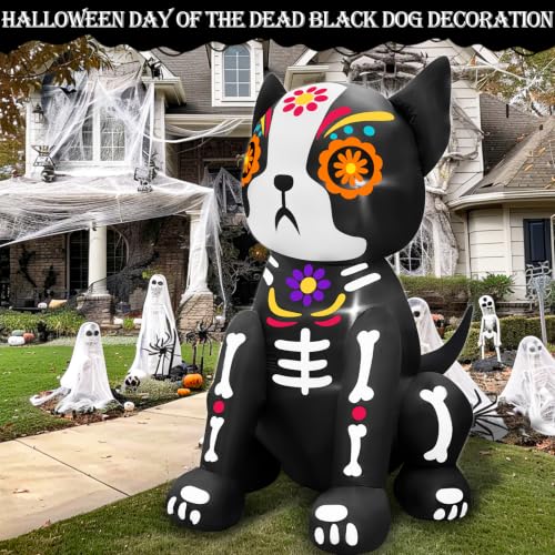 4 Ft Day of The Dead Inflatable Skull Dog with LED Lights for Halloween & Outdoor Decor