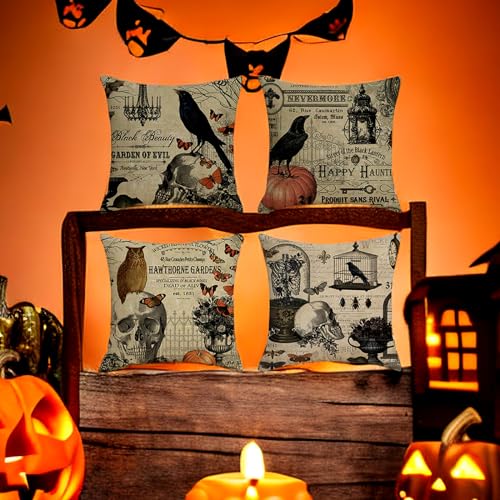 Halloween Pillow Covers Set of 4 - 18x18 Velvet Throw Pillows with Pumpkin Skull Owl Crow Design - Halloween Decor