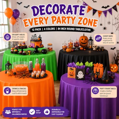 12 Pcs Halloween Plastic Round Tablecloths - Black, Purple, Orange & Green, 84 Inch Disposable Cover Set
