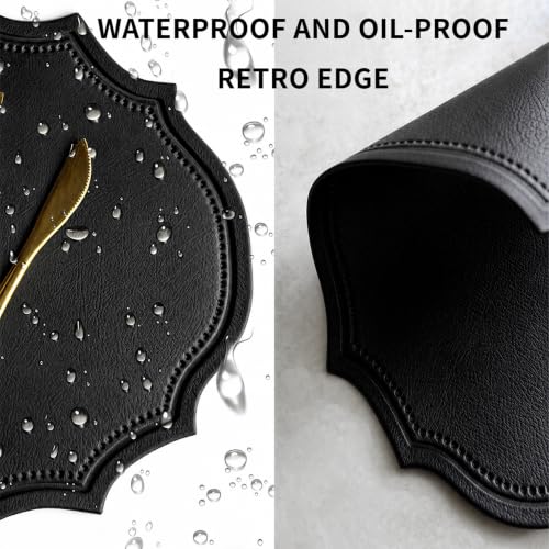 Double-Texture Faux Leather Oval Placemats Set of 6 - Black, Washable, Non-Slip & Heat Insulation