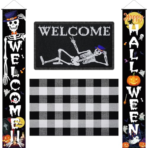 Halloween Welcome Doormat Set with Skeleton Banners and Rug - Fall Porch Decor