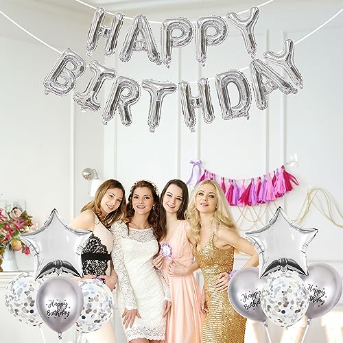 Silver Happy Birthday Balloons Banner Set - 16 Inch Foil Letters & Confetti Balloons