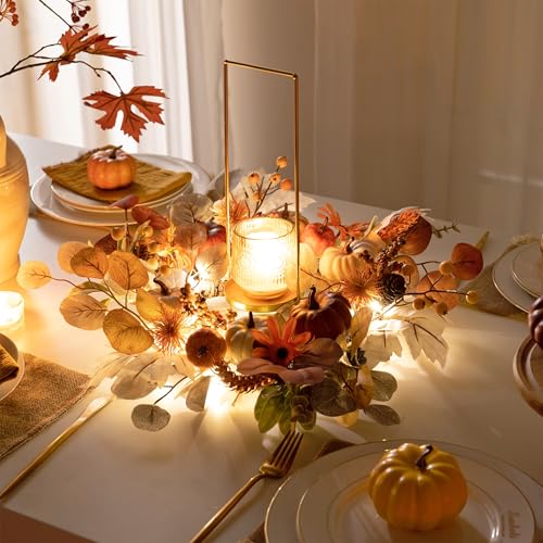18-Inch Fall Halloween Wreath with Lights - White, Orange & Brown Door Decor