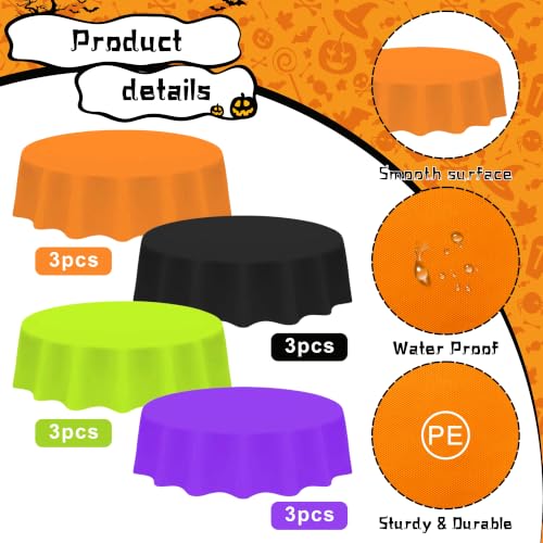 Halloween Round Tablecloths Set - 12 Disposable 84 Inch Plastic Covers - Black, Orange, Purple, Green