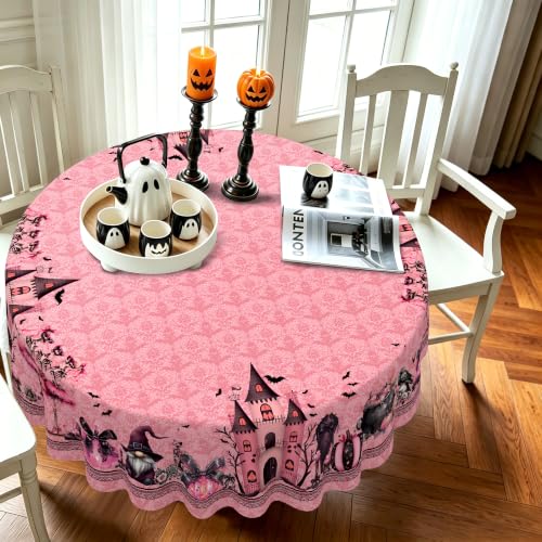 Elegant Pink Halloween Round Tablecloth 60 Inch Waterproof Spooky Decorations