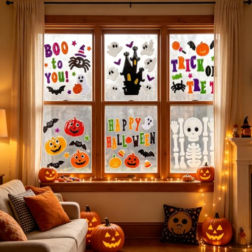 Halloween Window Gel Clings - 6 Sheets Flexible Stickers for Glass, Spooky Decor
