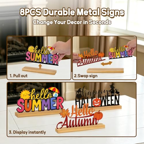 Interchangeable Seasonal Home Decor Metal Table Sign Set with Wooden Base