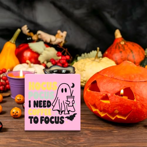 Cute Halloween Decor Wooden Sign - I Need Coffee to Focus Pink Variation