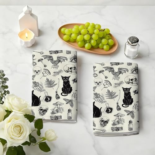 Witchy Gothic Kitchen Towels Set of 2 - Celestial & Cat Design, 16x24 Inches