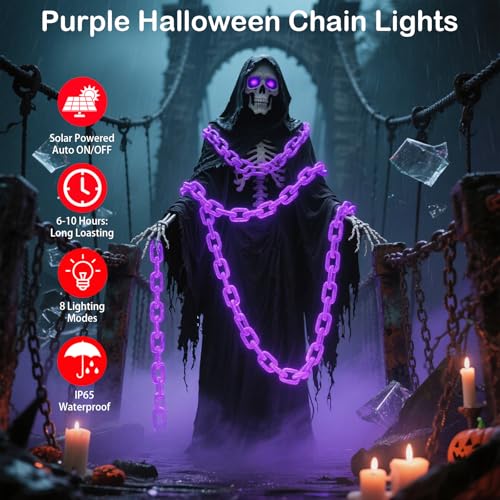 Purple Solar Halloween String Lights Outdoor - 10Ft Waterproof Chain Lighting for Haunted House & Yard Decor - Variation: Purple