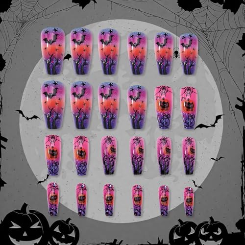 Halloween Press On Nails with Spider Web Pumpkin Bat Pattern - Medium Ballet Shaped 24Pcs