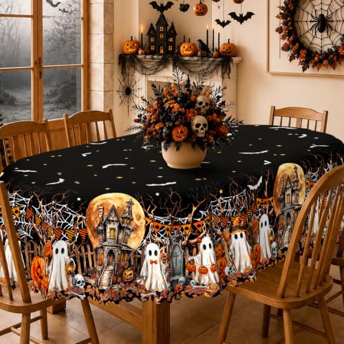 Halloween Tablecloth Oval 60x84 Inch Ghost Bat Pumpkin Castle - Spooky Decor