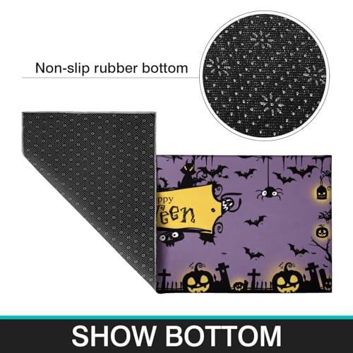 Halloween Kitchen Rugs Set of 2 - Purple Spooky Pumpkin & Black Cat Mat Non-Slip Washable