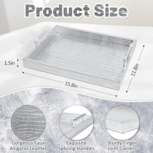 Faux Leather Serving Tray with Handles - Silver - 16x12 Inches
