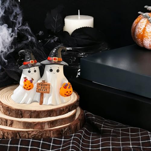 Halloween Cute Ghost Figurine with Pumpkin Candy Bucket - Black Hat Variation