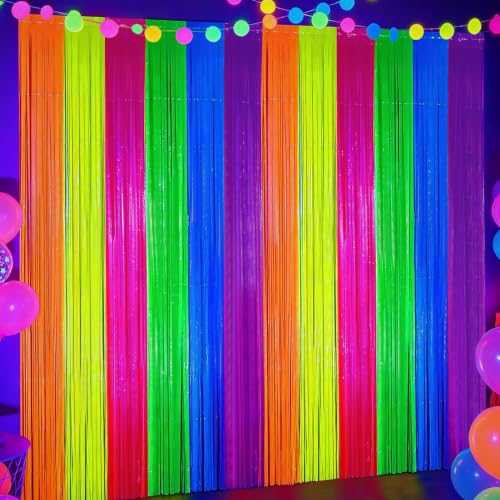 Glow in The Dark Neon Rainbow Foil Fringe Curtain - Party Backdrop & Decor