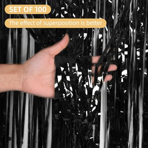 Black Foil Fringe Curtains for Party Backdrops 100 Pack 3.2ft x 8.2ft
